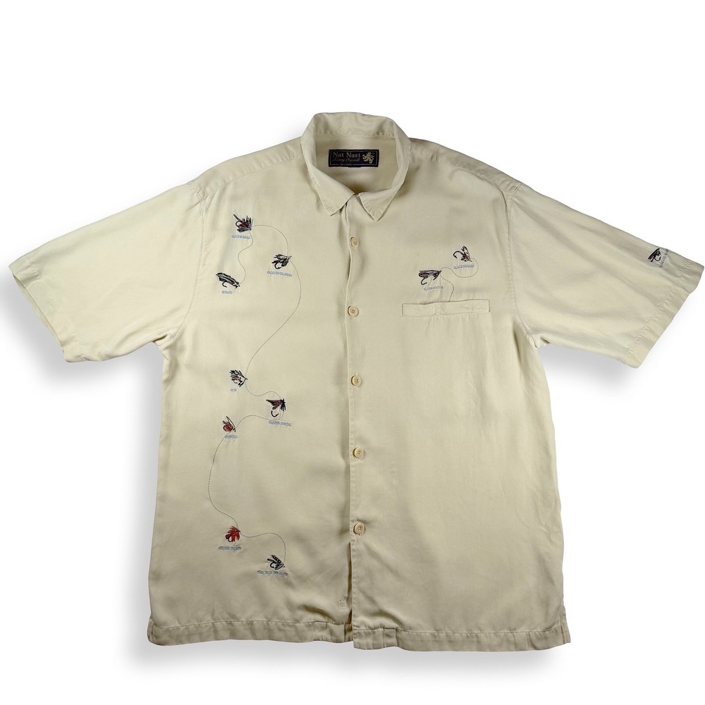 Nat Nast Luxury Fly Fishing Lure Embroidered Shirt Tan Limited Ed #74 100% Silk